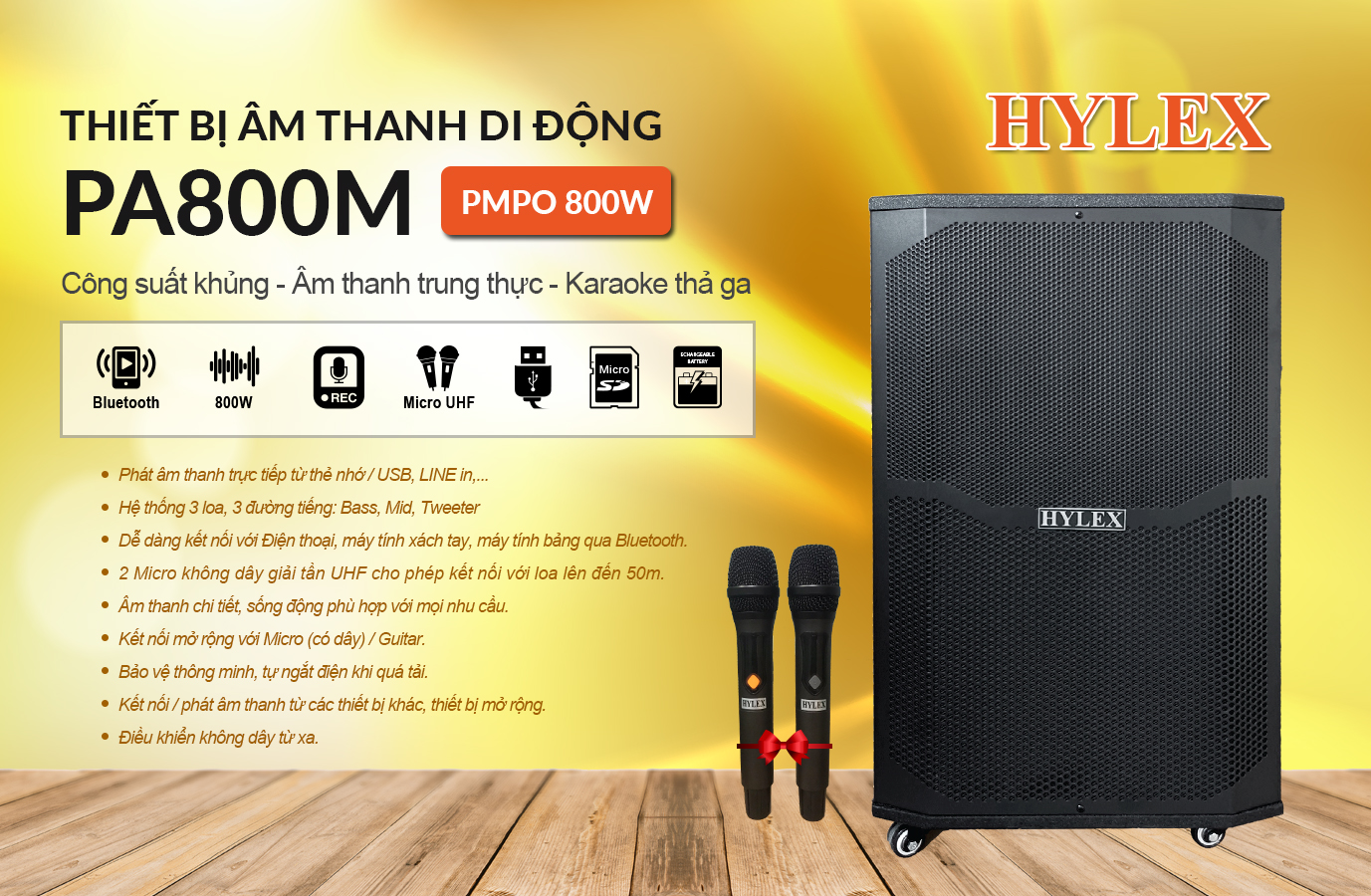 HYLEX PA800M – Mẫu Loa di động – Công suất khủng – Âm thanh trung thực – Karaoke thả ga